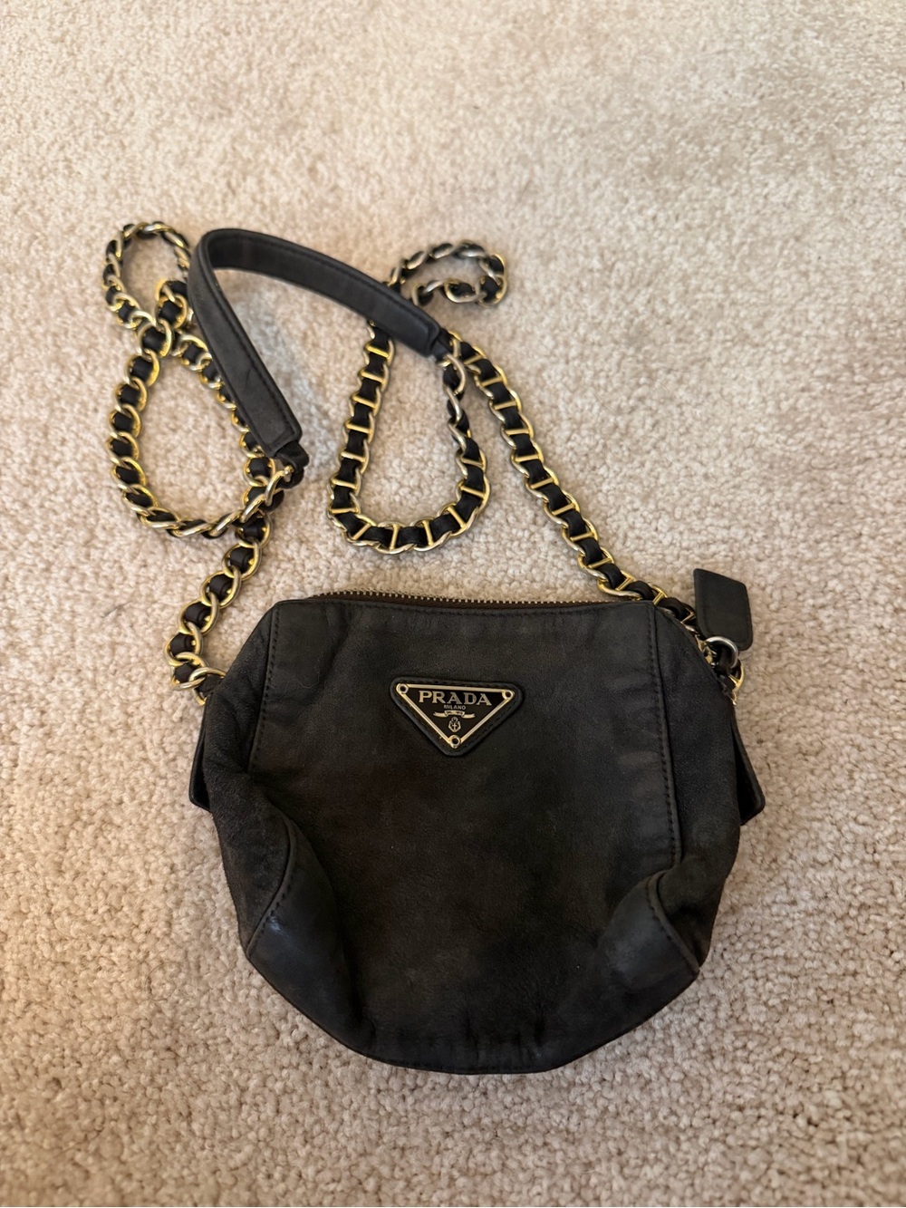 Prada Black Leather Crossbody with Gold-Trim Chain Strap
